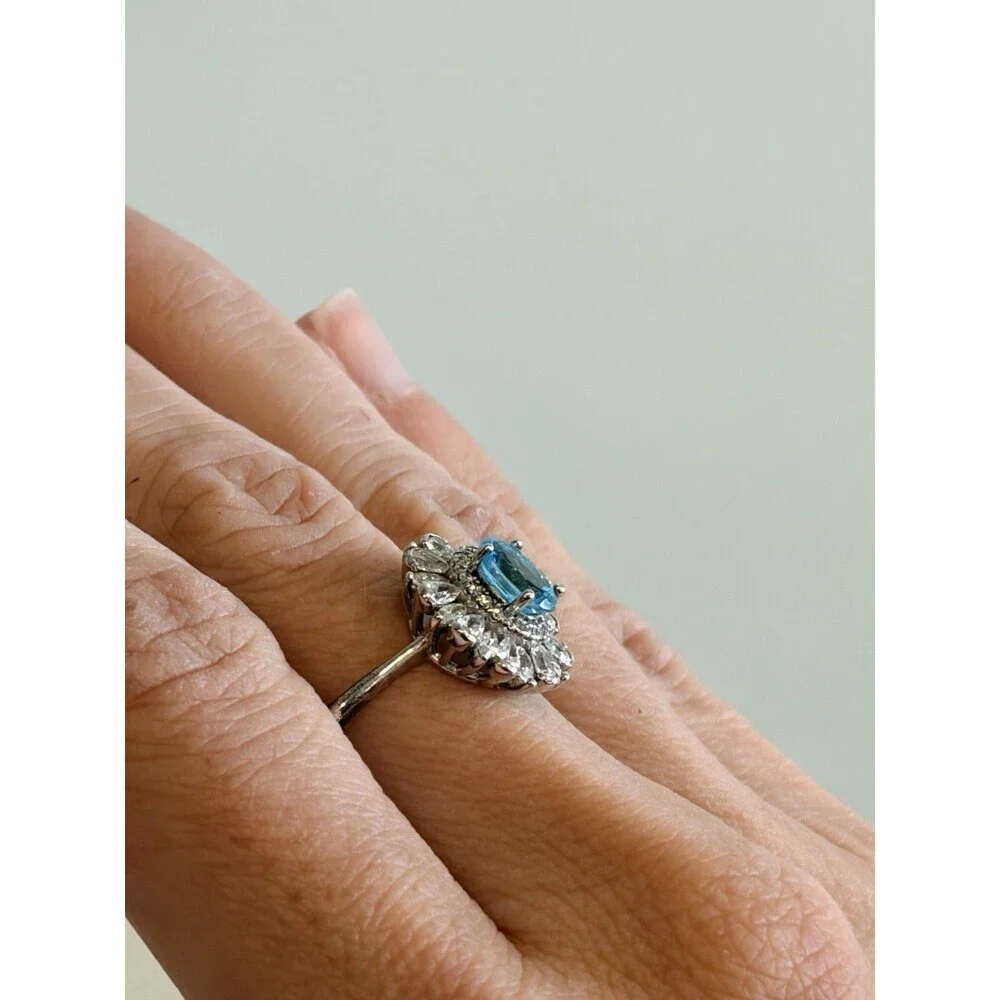 Oval Aquamarine Flower Ring Women's Ring 925 Sterling Silver Size 7A